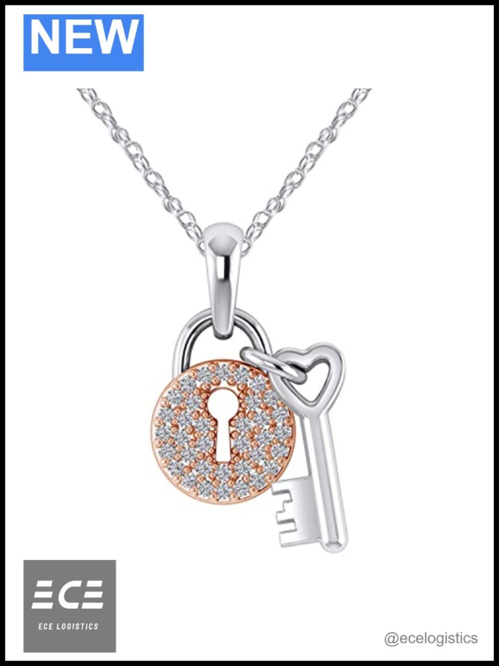 925 Sterling Silver Natural Diamond Heart Key Lock Pendant Necklace 18 Inch